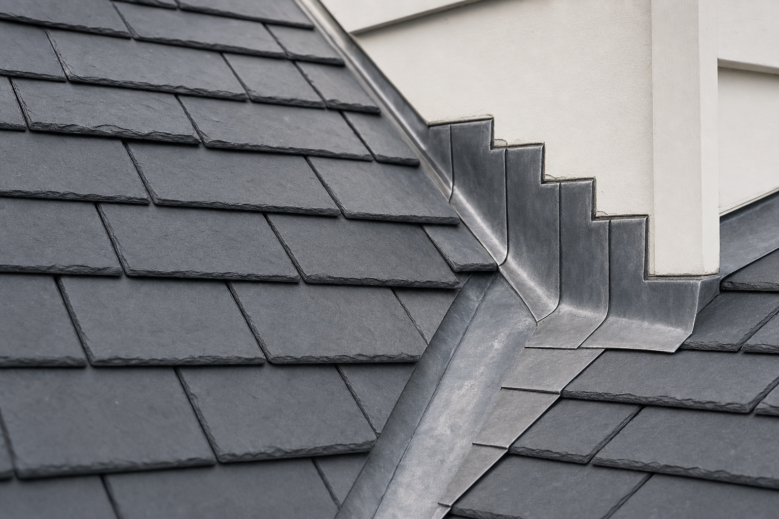 Close-up of a slate-tiled roof with precise metal flashing details at a step wall junction.