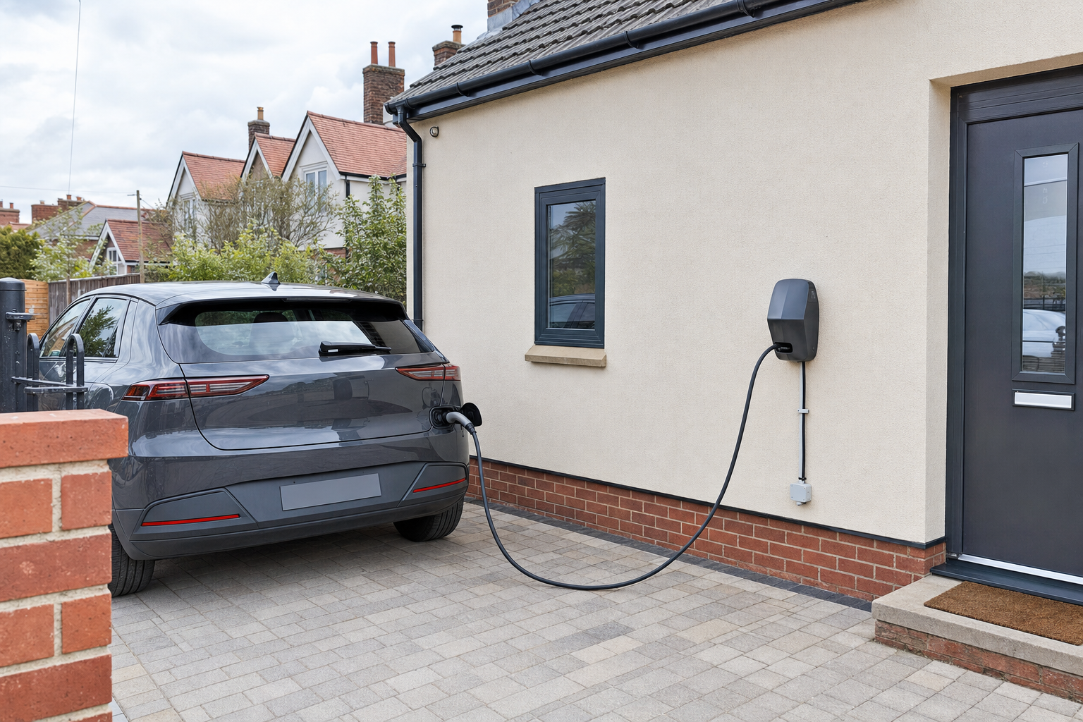 An electric car charges at a home charging point on a driveway next to a house with red-tiled roofs in the background.