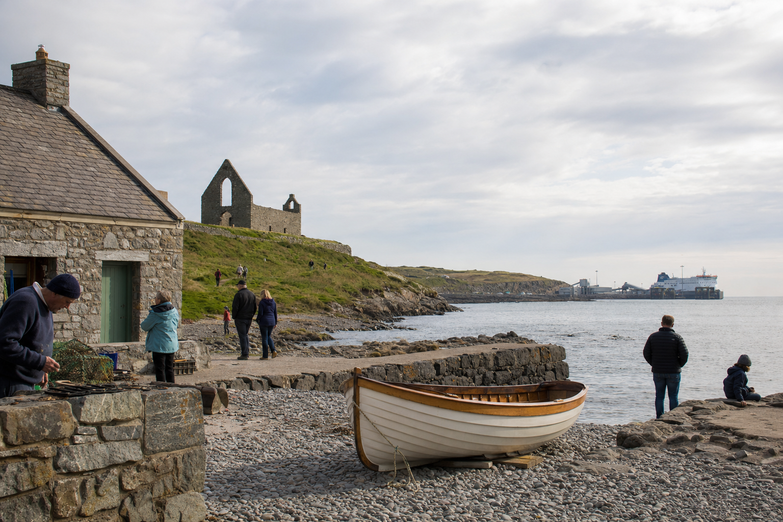 A coastal scene features a small boat on a pebble beach, people walking, and a distant ruins with a ship docked in the background.