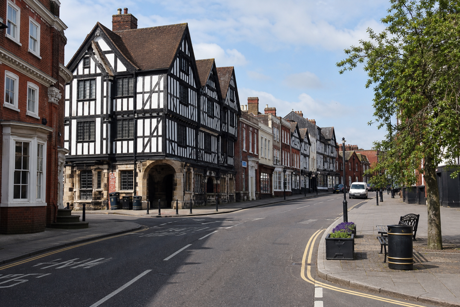 Historic Tudor-style buildings line a quiet street with a tree and street furniture.