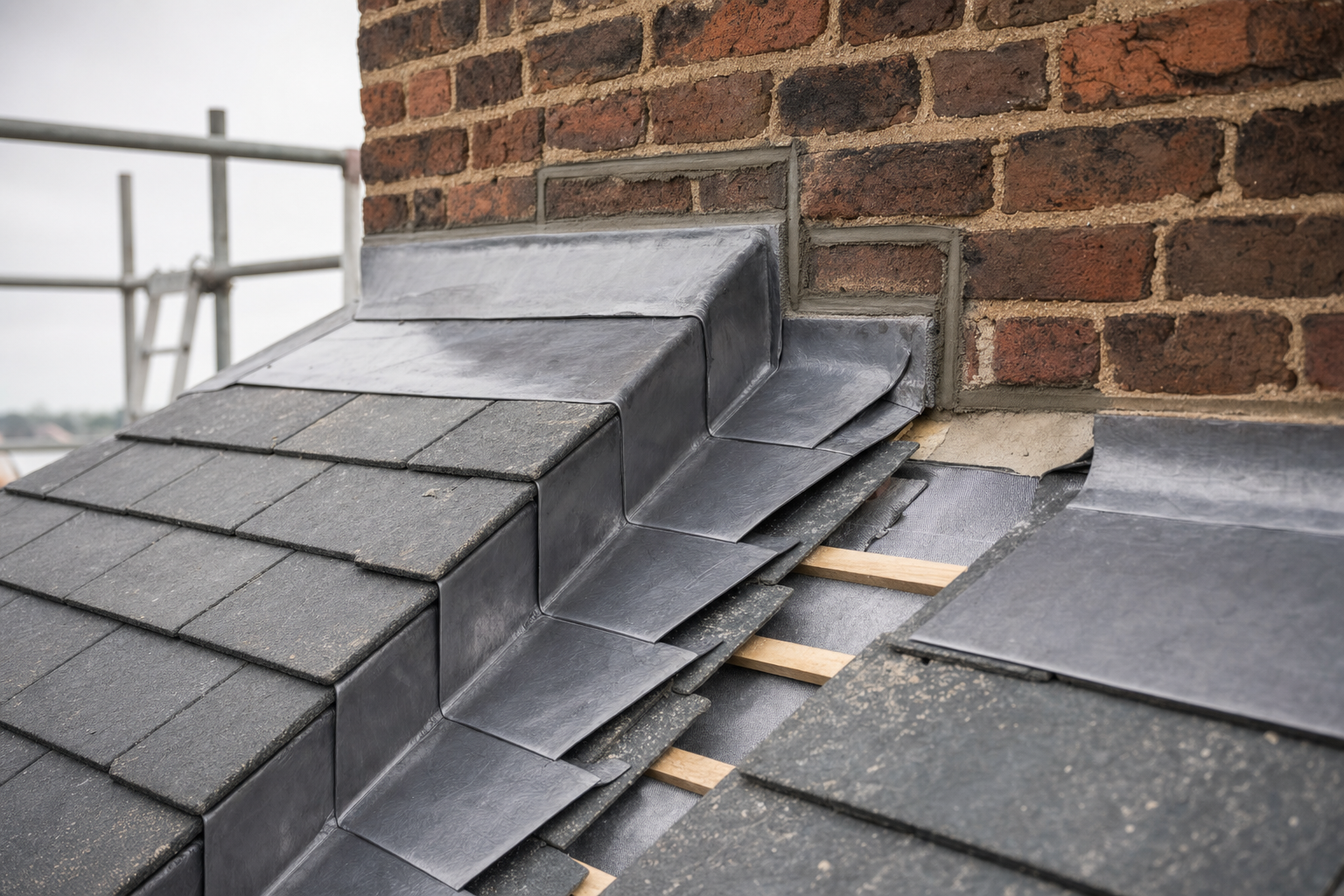 New roof tiles and lead flashing fitted around a brick chimney, with scaffolding visible in the background.