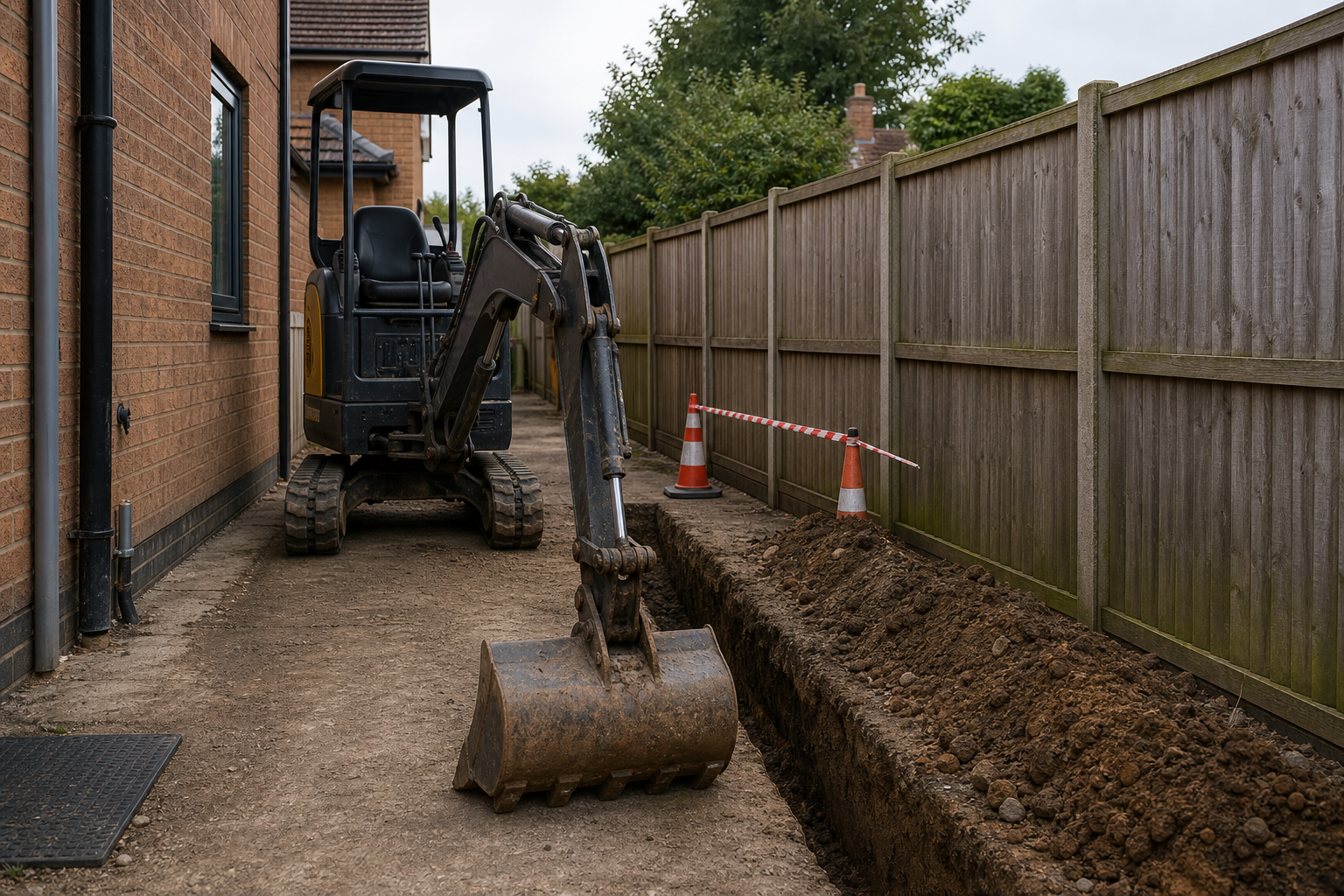 A digger is parked beside a house and a ditch, with traffic cones marking the area.