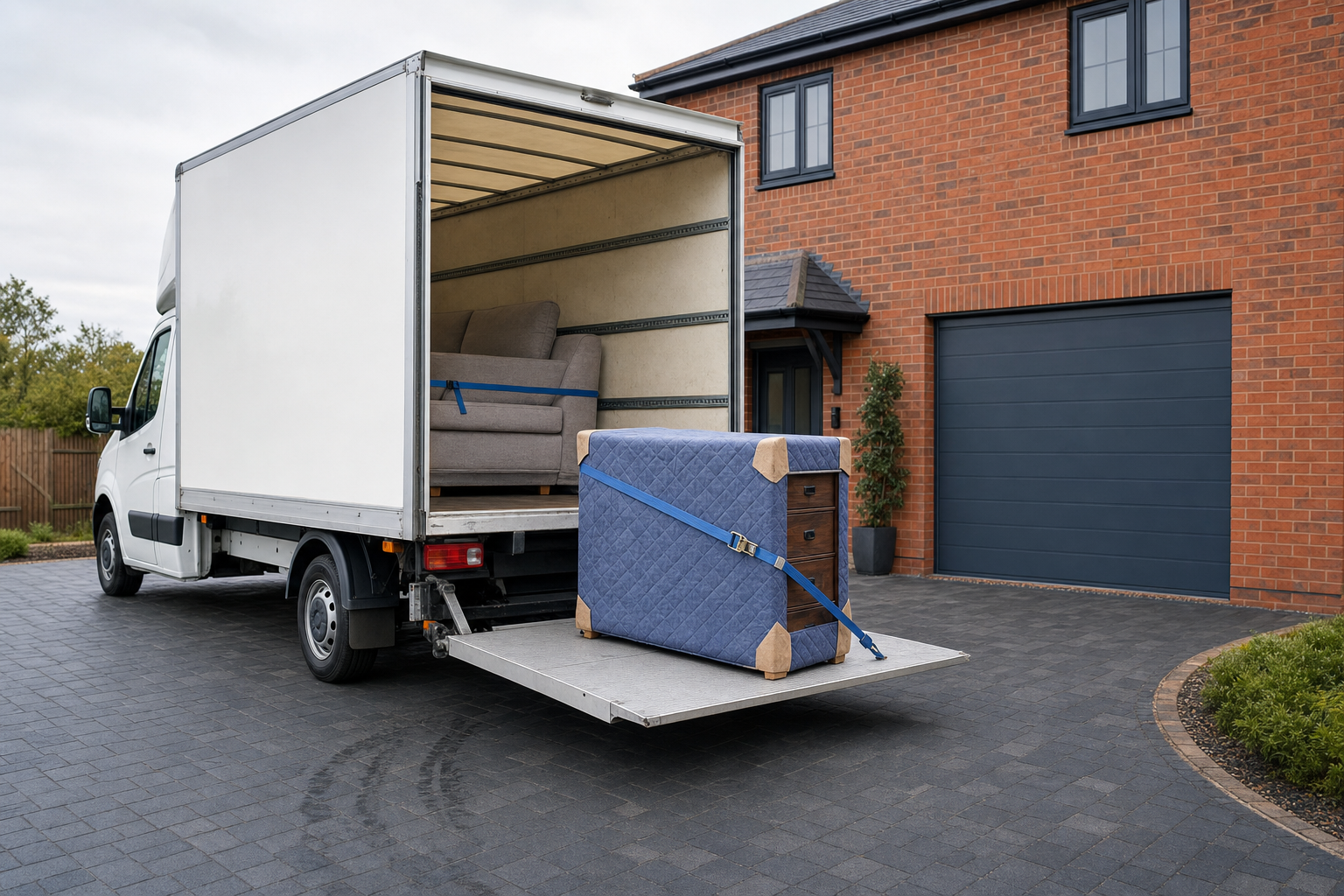 A moving van with an open back showing a sofa inside and a covered cabinet secured on a lift outside a brick house.