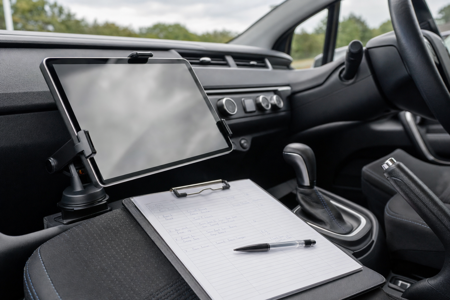 Tablet and clipboard on a car's passenger seat with a gear stick and handbrake visible.