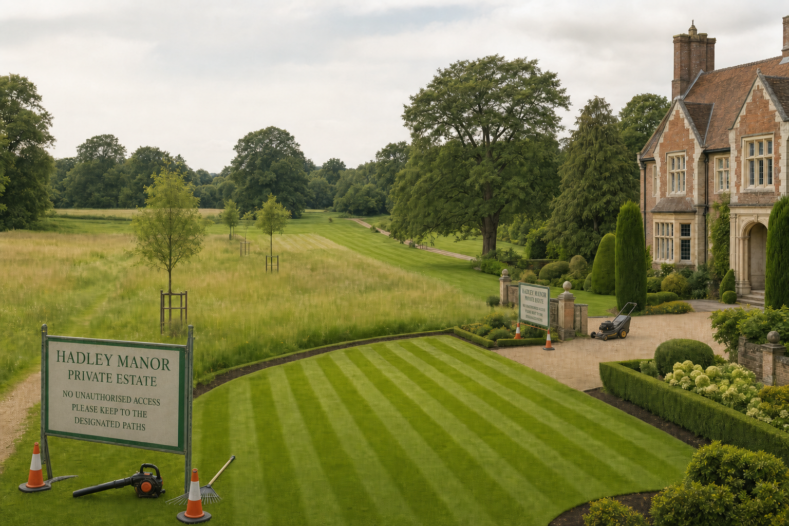 Grand manor with manicured lawn, surrounded by lush greenery and a sign reading "Hadley Manor Private Estate".