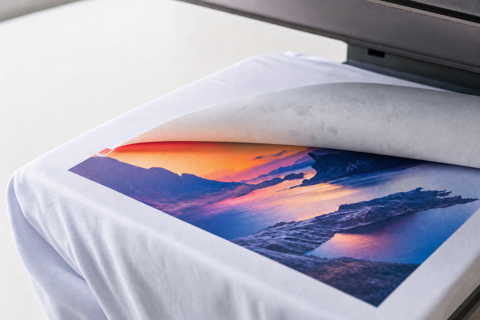 A colourful sunset image is being heat-pressed onto a white T-shirt.