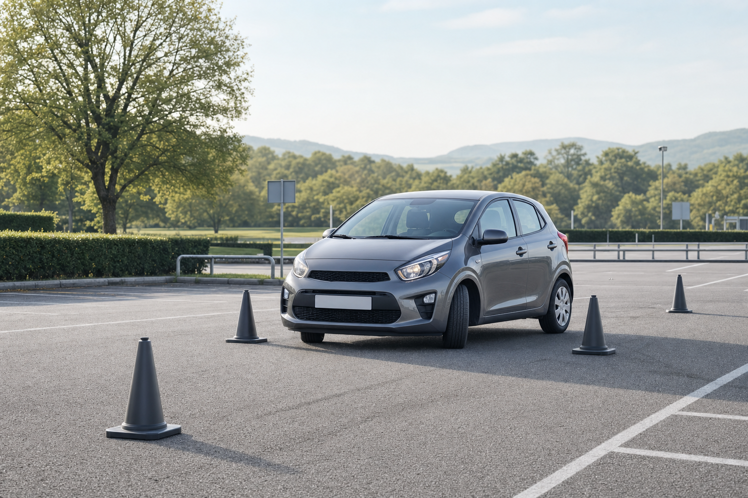 Grey car manoeuvring through cones in a parking lot with trees in the background.