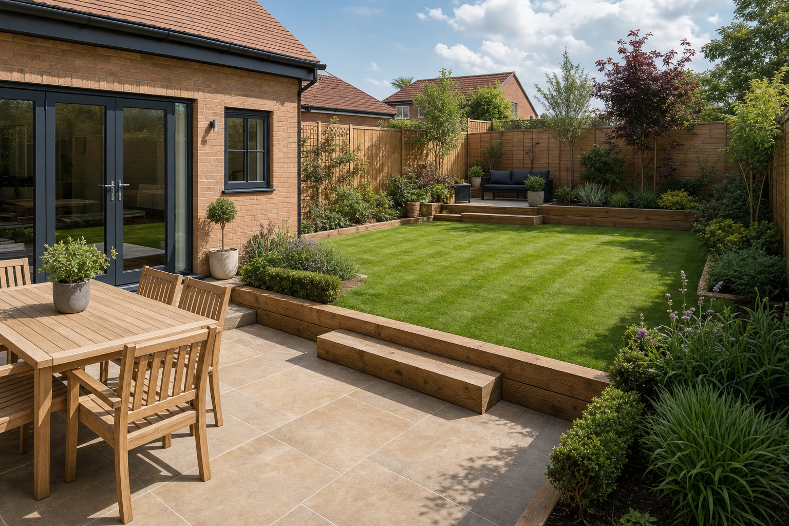 A well-maintained garden featuring a lawn, wooden patio furniture, and potted plants beside a brick house.