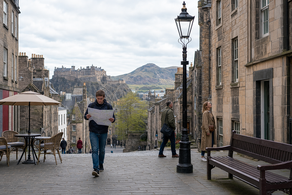 A man studies a map while walking down a scenic street with Edinburgh Castle in the background.