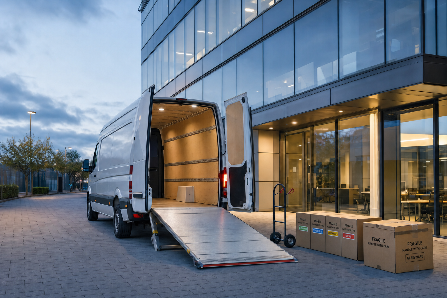 A delivery van parked outside a modern office building with a ramp leading to the entrance and several boxes on the pavement.