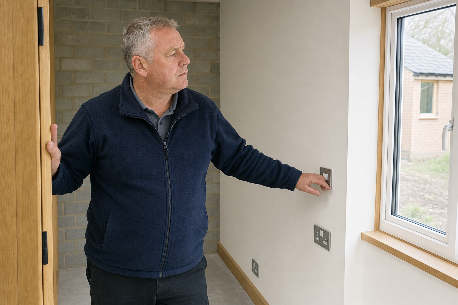 Man in a navy jacket standing in a bright room, pressing a light switch near a window.