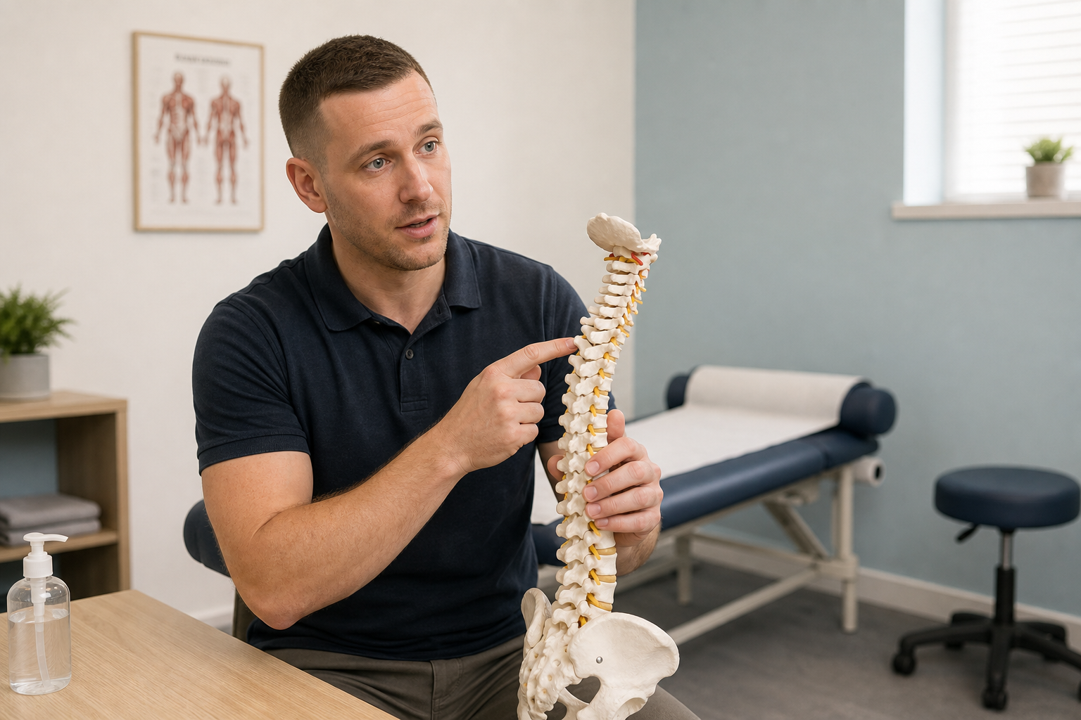 A man in a clinic pointing at a human spine model while explaining its structure.