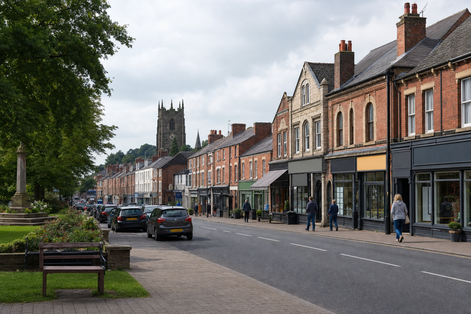 A quaint British street lined with red brick shops and a distant church tower, with cars parked and people walking.