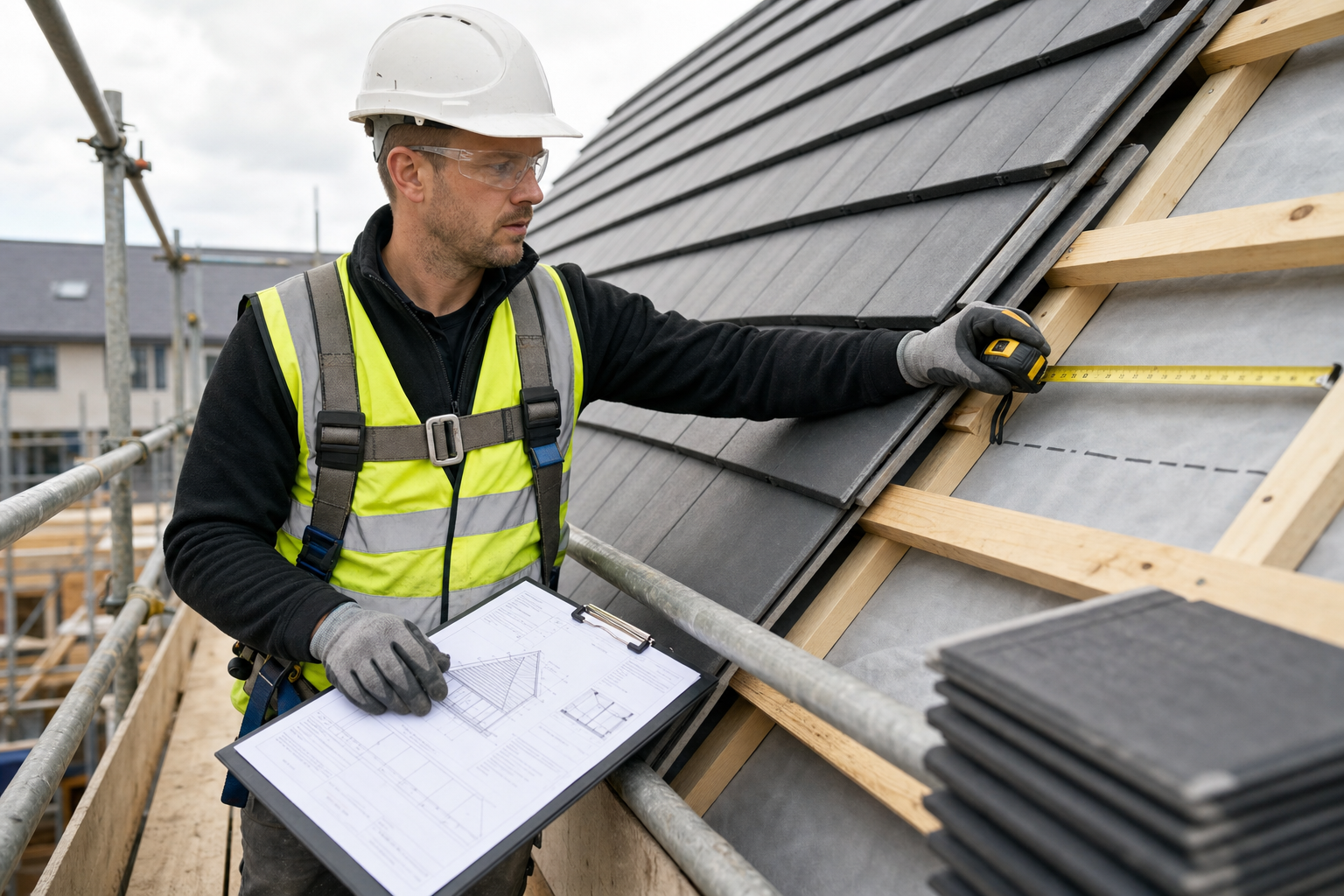 Construction worker in a hard hat and hi-vis vest measures roof tiles with a tape measure.