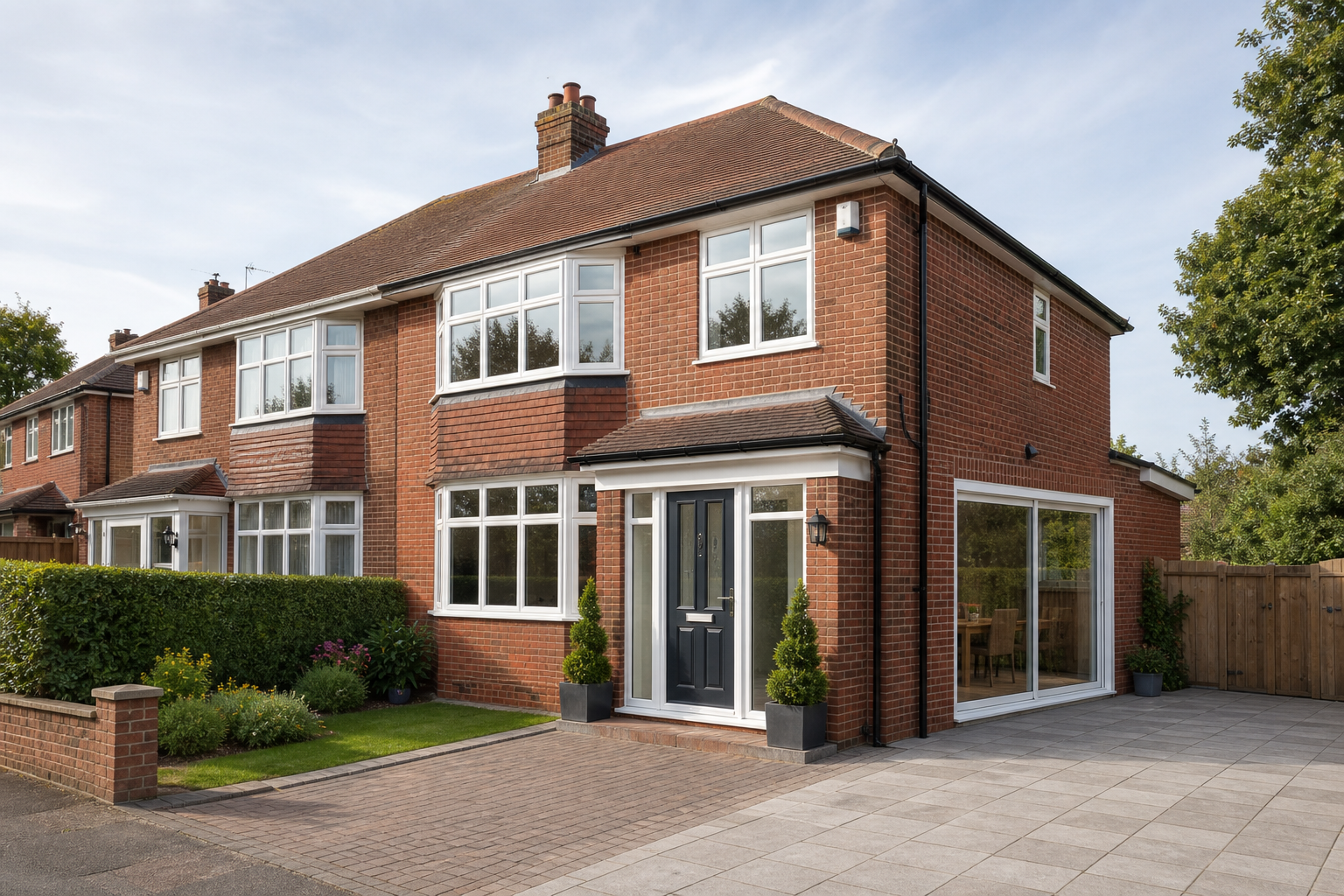 Red brick semi-detached house with white-framed windows and a black front door.