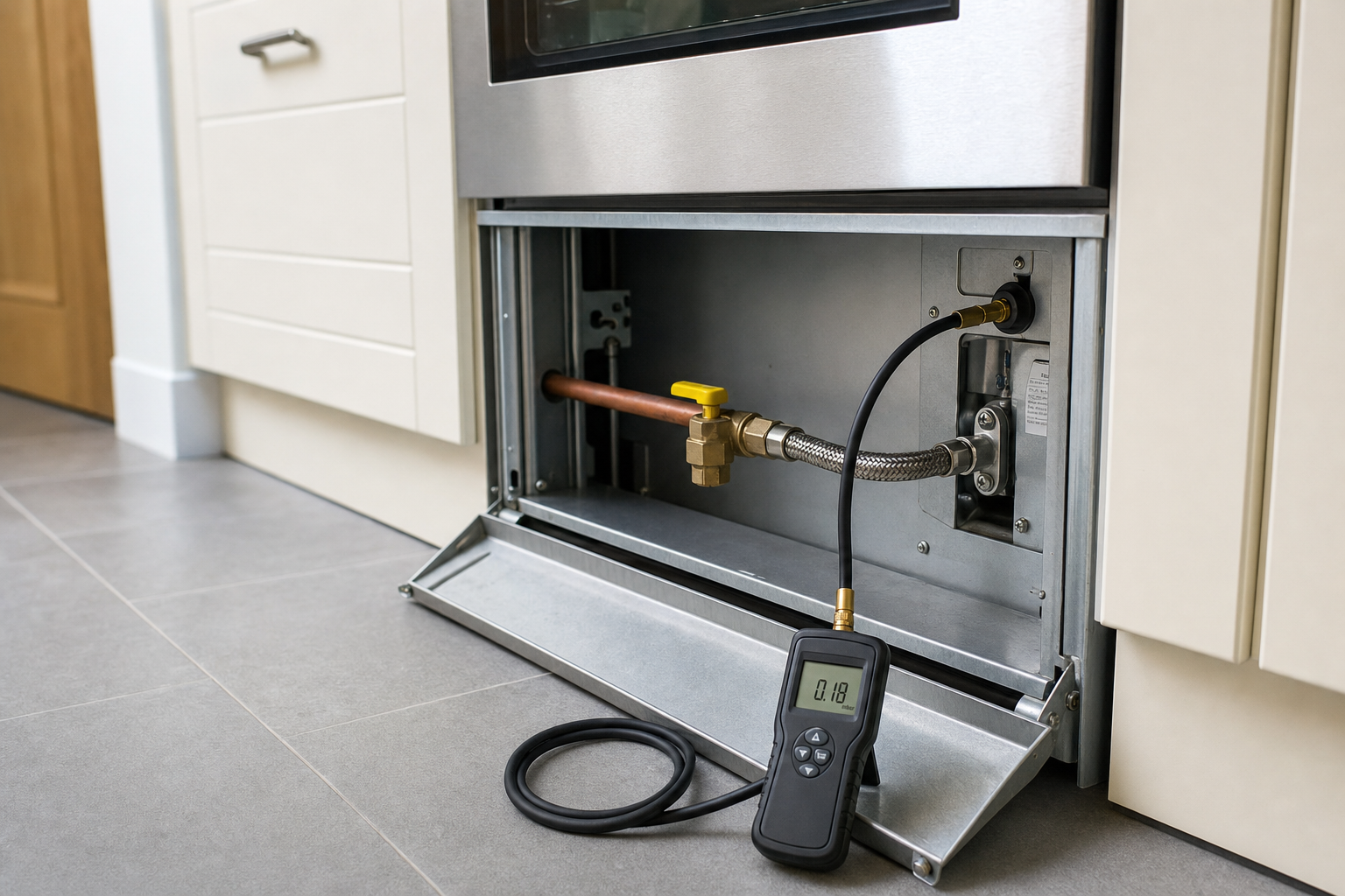 Gas appliance being checked for leaks with a digital pressure gauge in a kitchen setting.