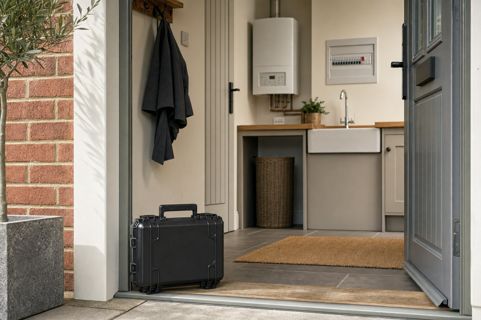 A black suitcase sits by the open kitchen door, revealing a tidy laundry room with a boiler and a laundry basket.