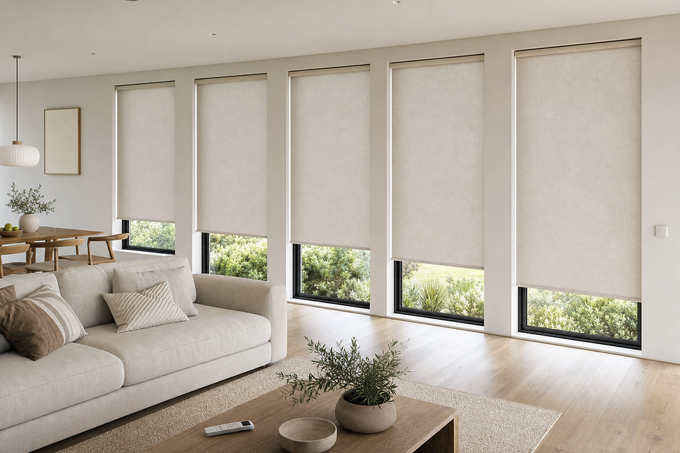 A modern living room featuring beige roller blinds, a beige sofa, and a wooden dining table with greenery outside the