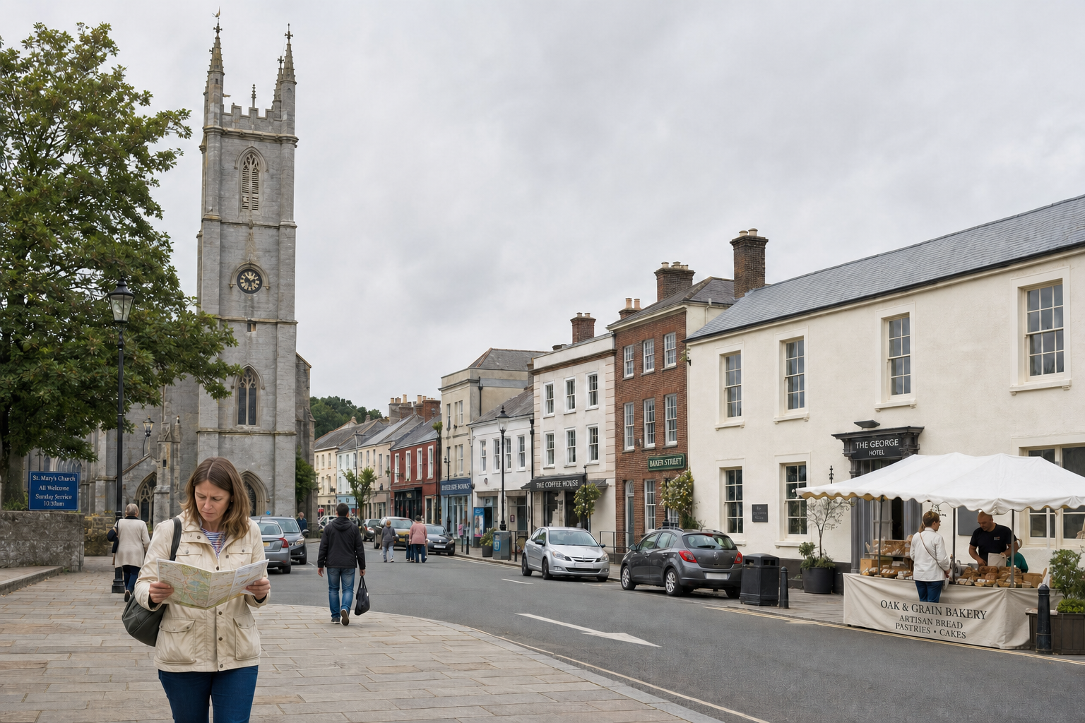 A woman reads a map on a street with historic buildings and a church in the background.