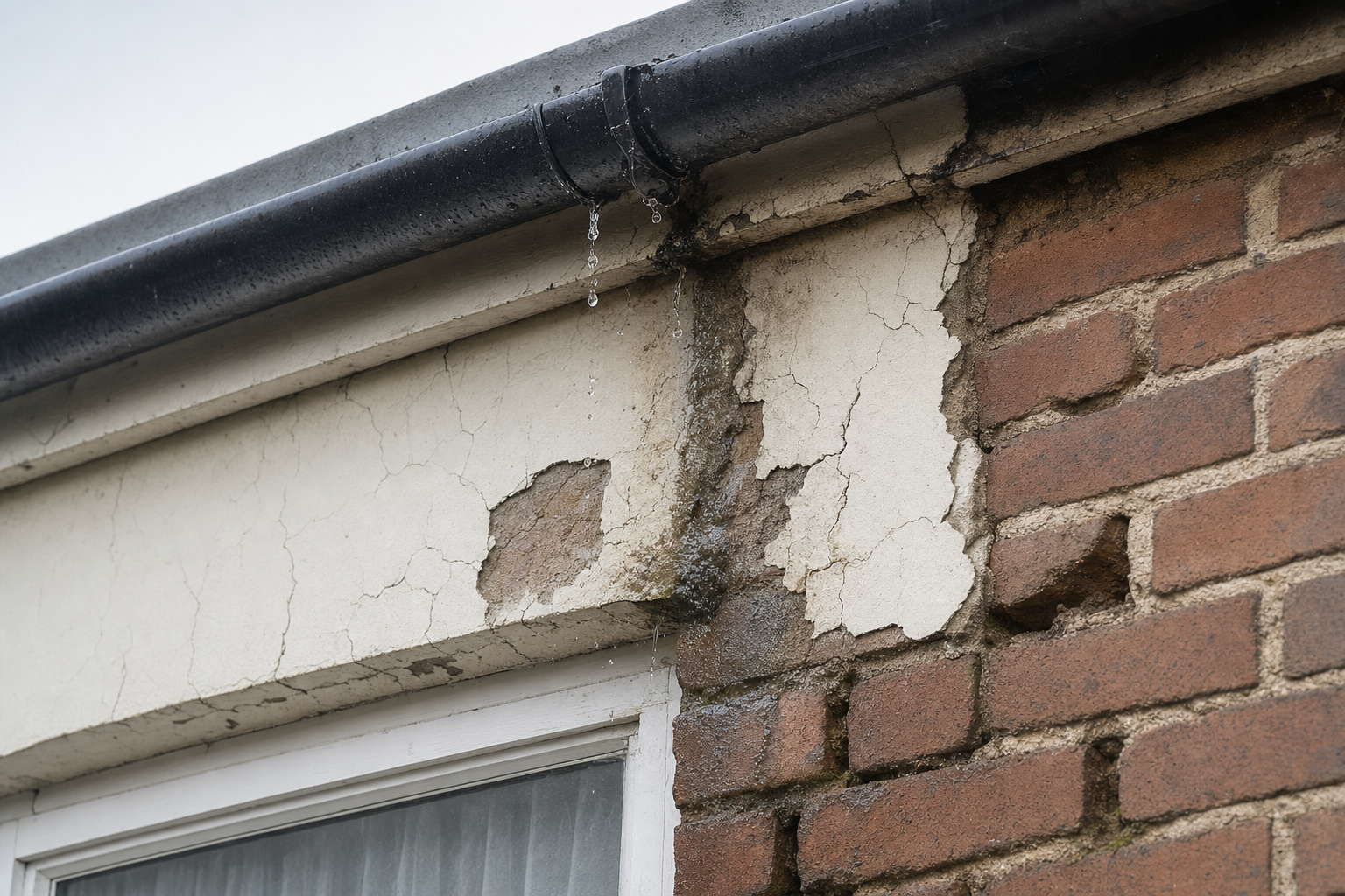 A leaking gutter causes water damage and peeling paint on a brick wall facade.