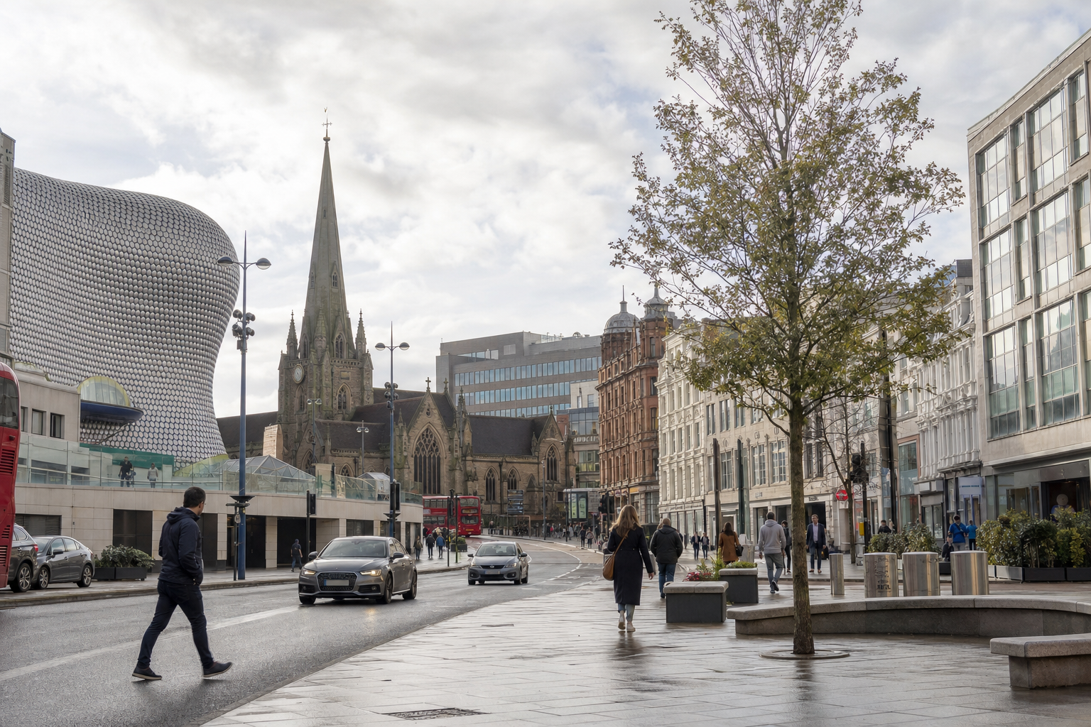A bustling city street with modern and historic architecture, featuring a prominent church spire and people walking.