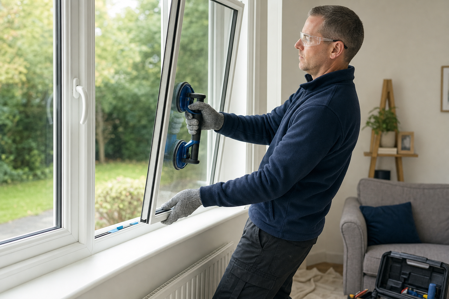 A man wearing gloves and safety glasses installs a window pane in a living room.