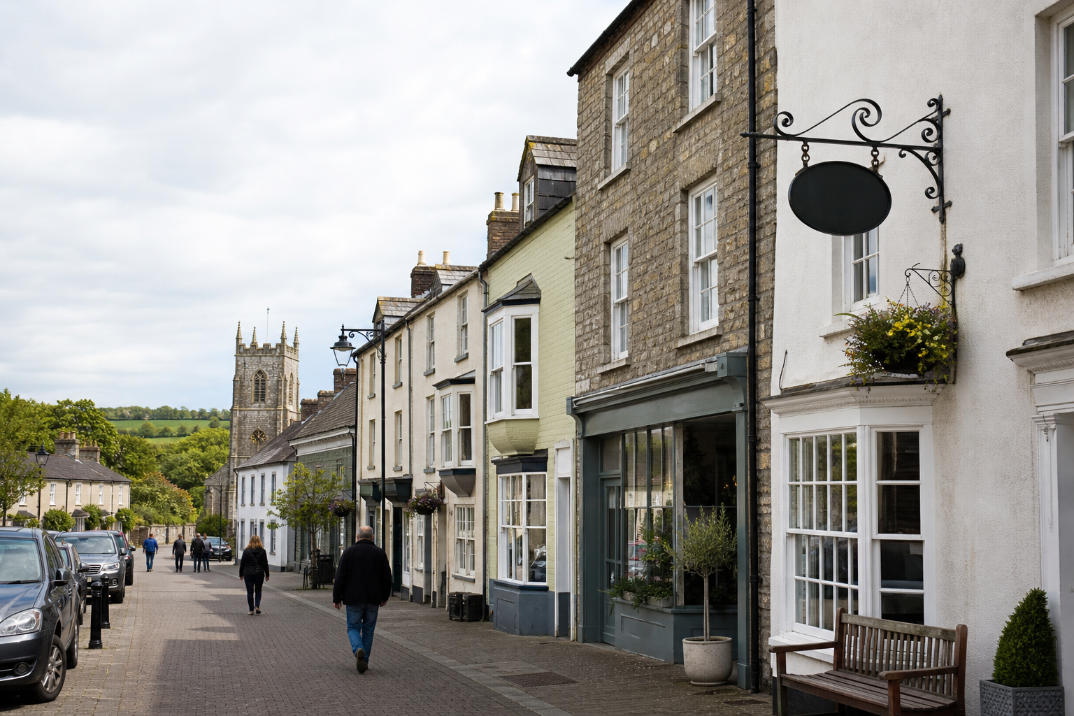 People walking along a quaint British village street lined with historic stone buildings and a church in the background.