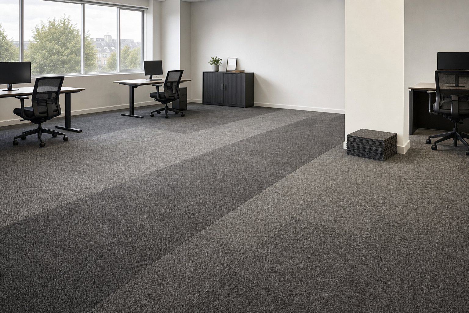 Modern office space with several workstations, grey carpet tiles, large windows, and a modest storage cabinet.