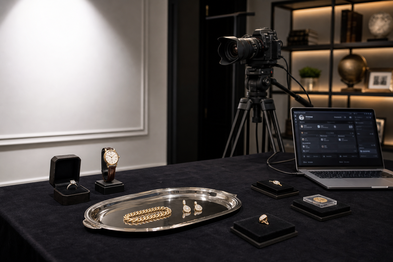 Jewelry and luxury items displayed on a table with a camera and laptop setup nearby.