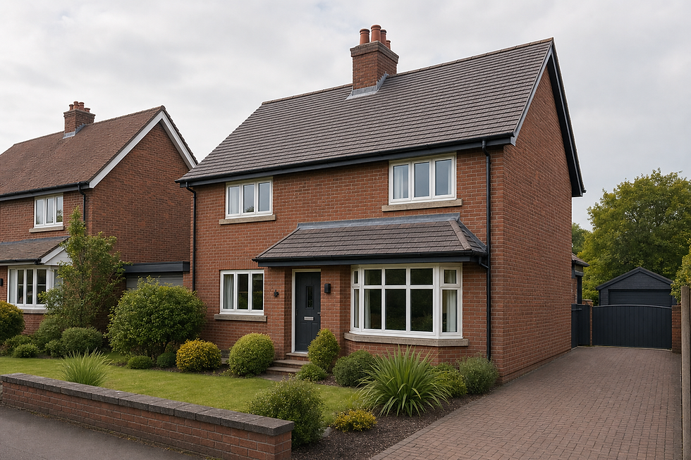 A modern brick detached house with a well-maintained garden and driveway in front.