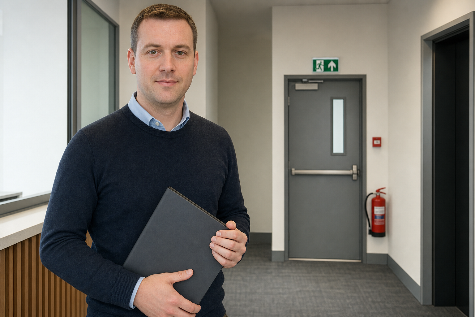 Man in a navy jumper holding a black binder stands in a corridor next to a fire exit door.