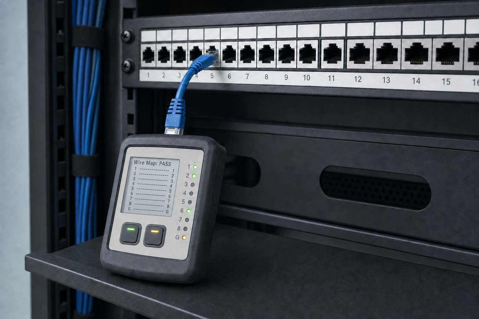 Network cable tester showing a pass result, connected to a patch panel with multiple ethernet ports.