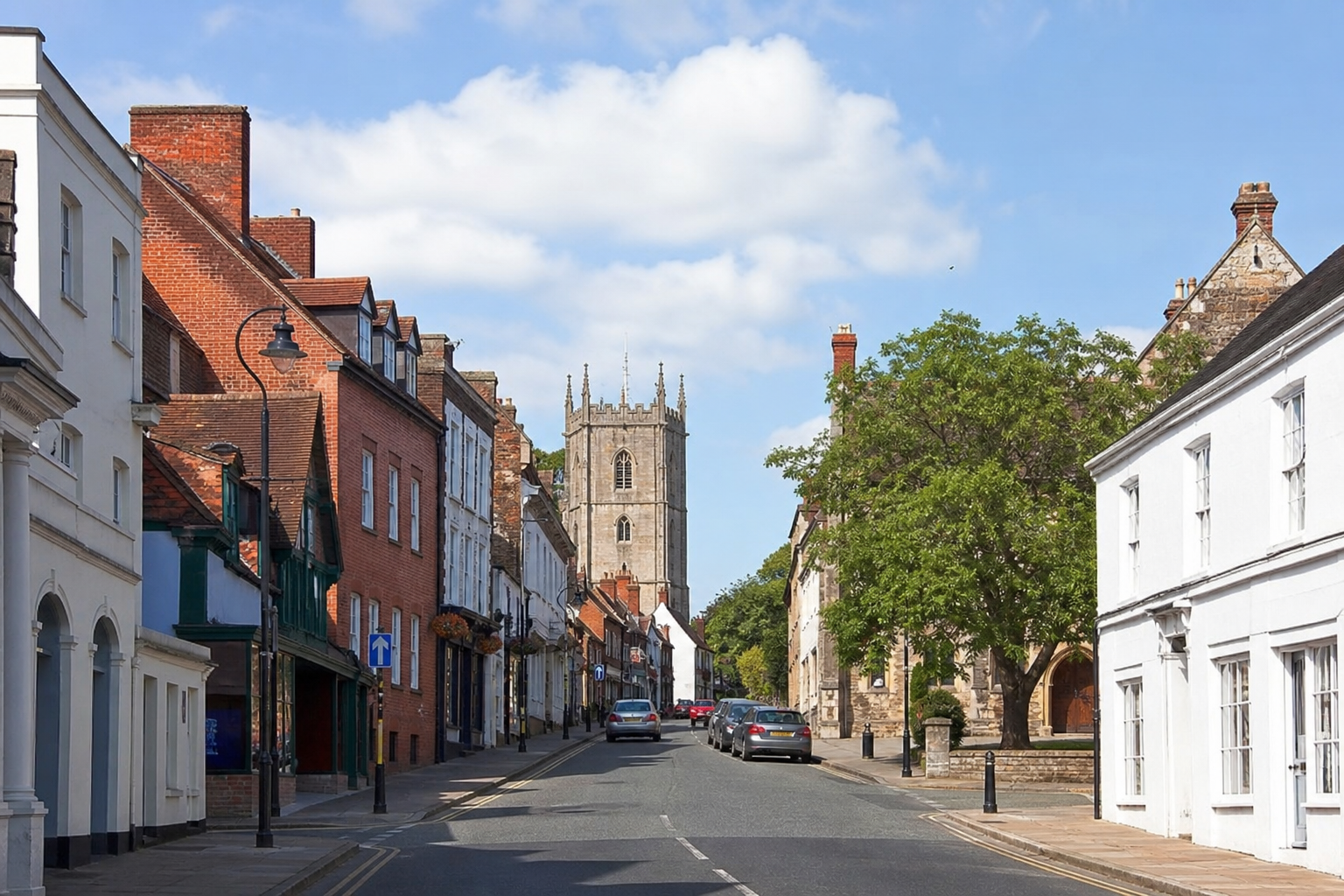 Quaint street lined with historic brick buildings leading to a stone church tower under a blue sky.