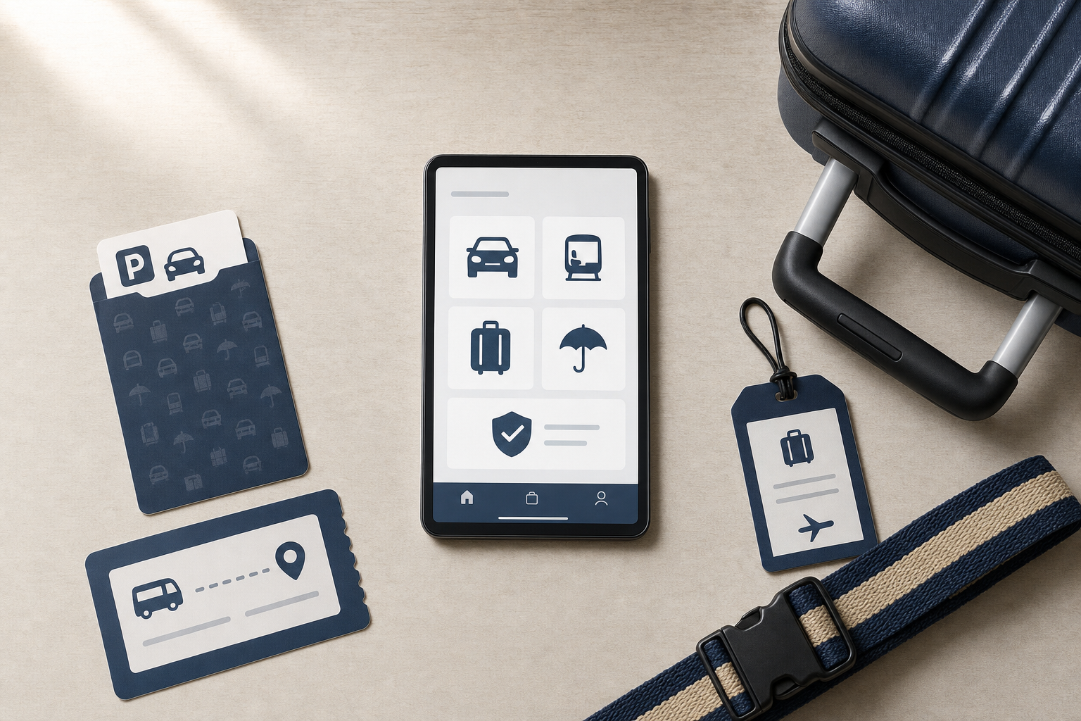A smartphone displaying travel icons is surrounded by luggage, travel tags, a parking card, and a bus ticket.