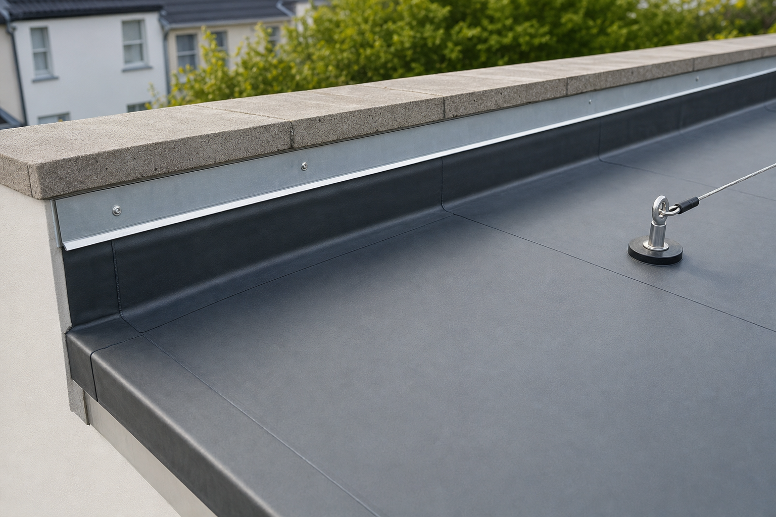 Flat roof with a cable anchor system and grey surface, surrounded by a low brick parapet.