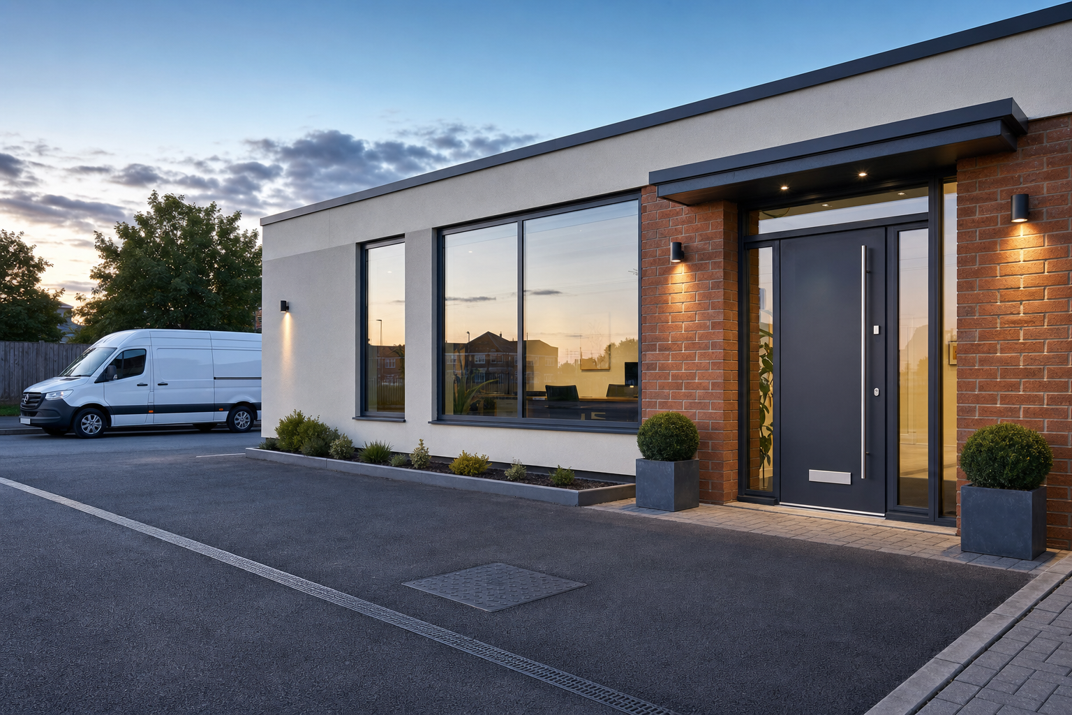 Modern house exterior at dusk with large windows, brick accents, and a white van parked outside.
