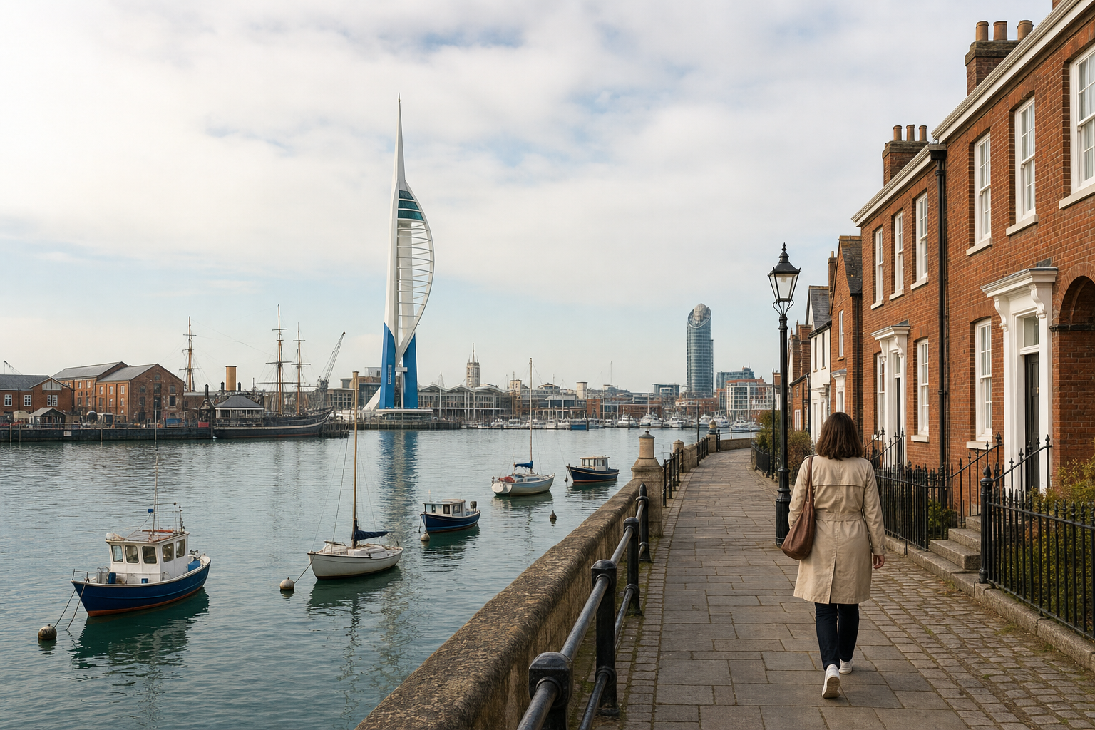 A person walks along a waterfront path with boats and modern architecture in the background.