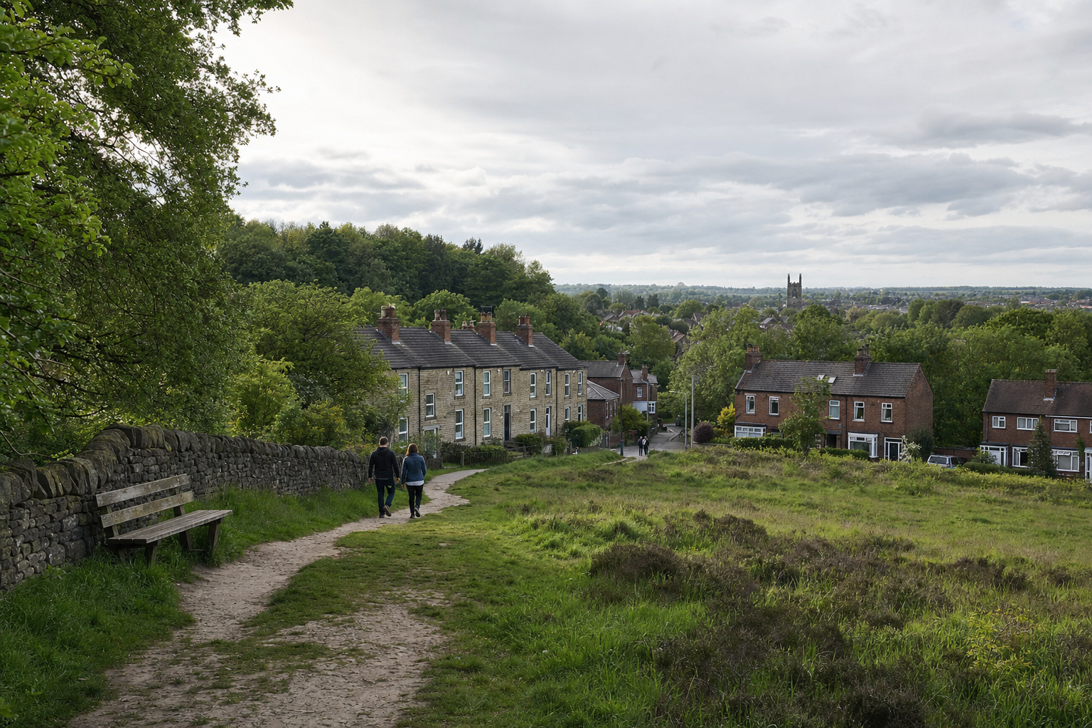 A couple walks along a countryside path beside stone cottages, with trees and a church spire in the distance.