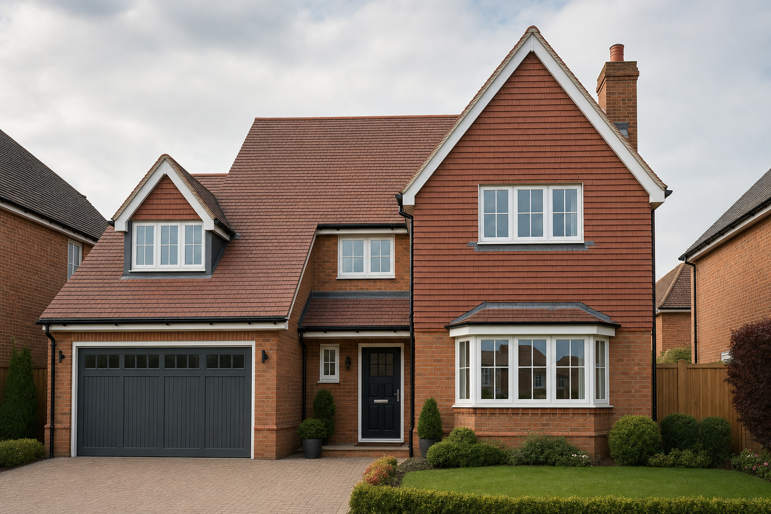 A modern detached brick house with a double garage, bay window, and manicured front lawn under a cloudy sky.