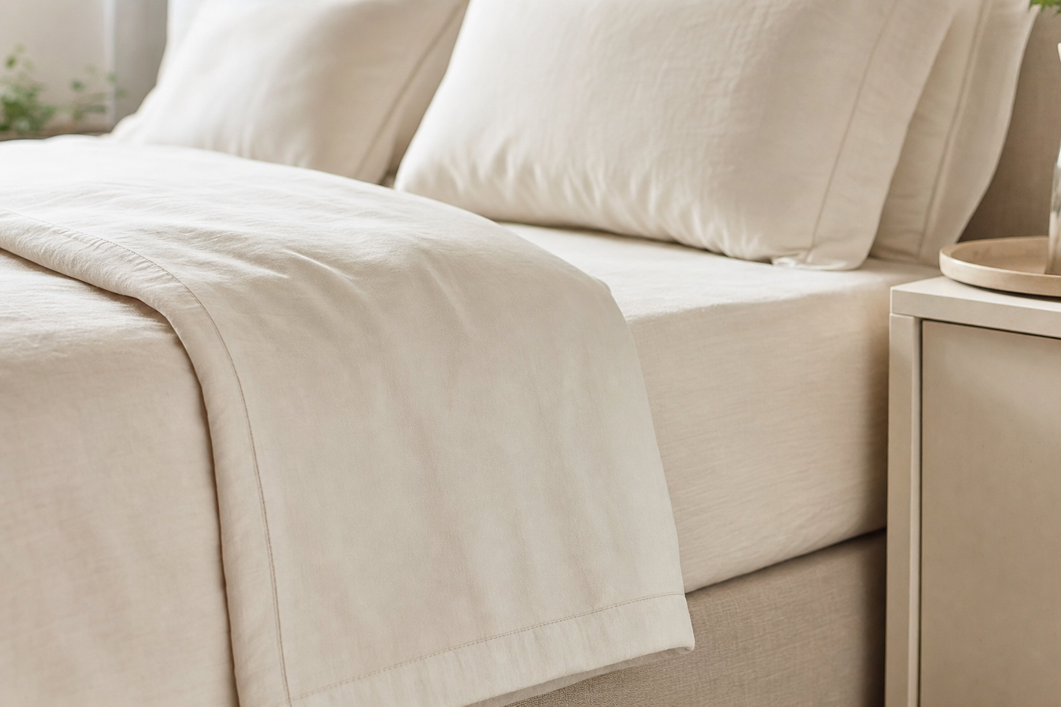 A neatly made bed with cream-coloured linen sheets and pillows beside a bedside table.