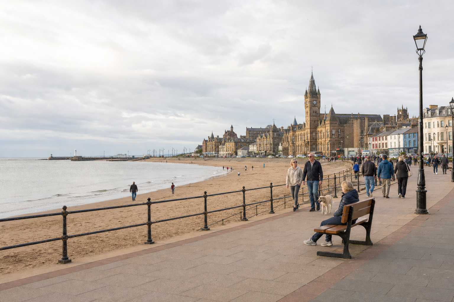 Promenade with people walking along the beach and historic buildings in the background, under a cloudy sky.