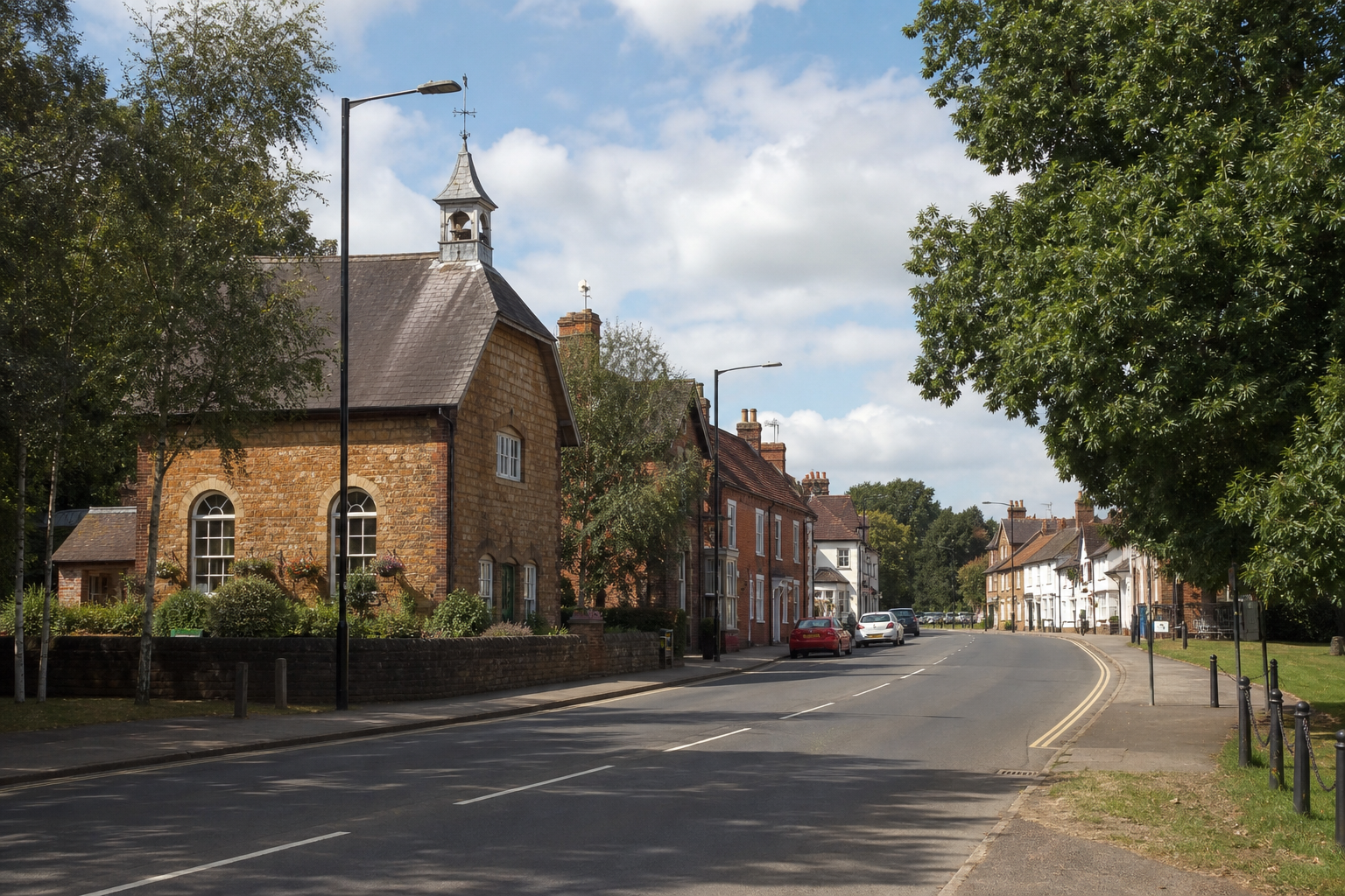 Street view with a stone building, trees, and parked cars under a partly cloudy sky.