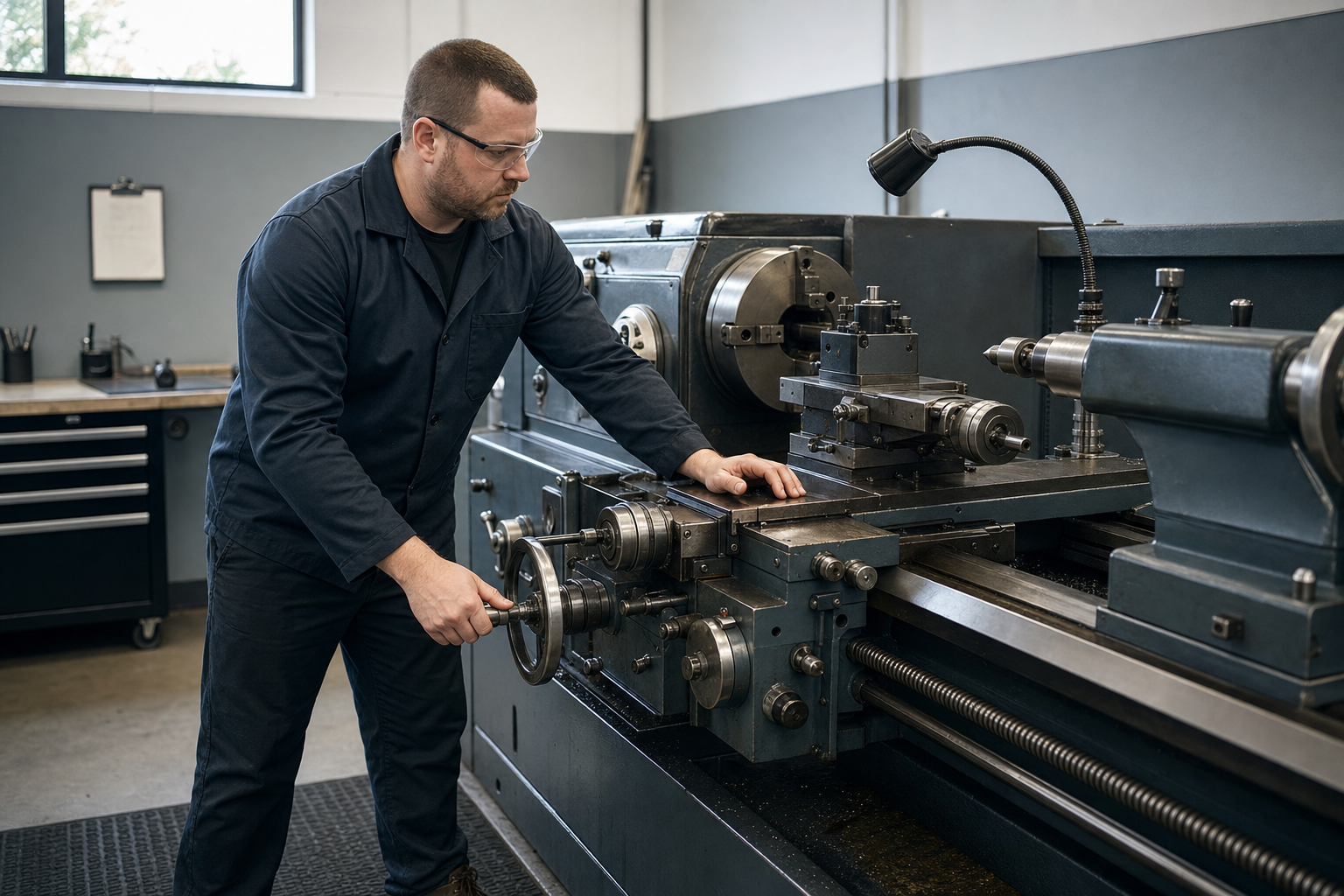 Engineer operating a large metal lathe in a workshop environment.