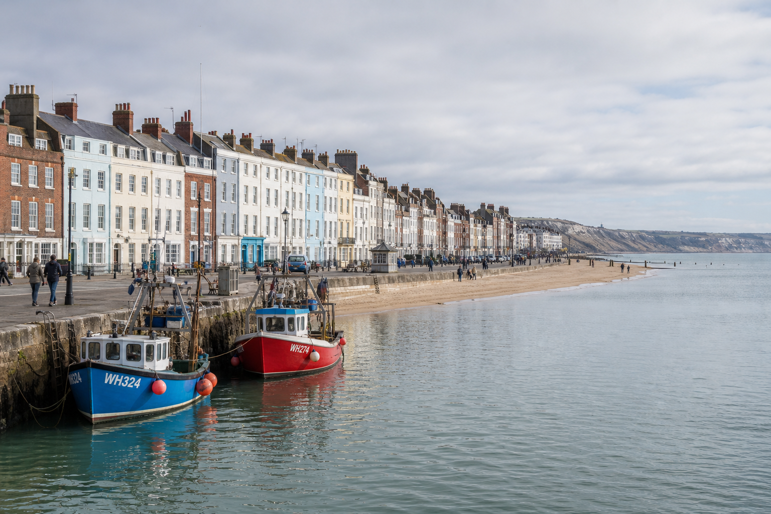 Colorful houses and fishing boats along a sandy beach and calm harbor.