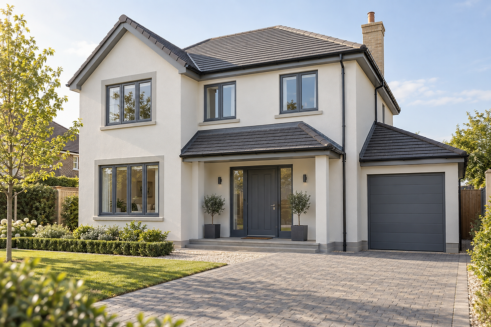 Modern two-storey detached house with a grey garage and a well-kept lawn in a suburban neighbourhood.