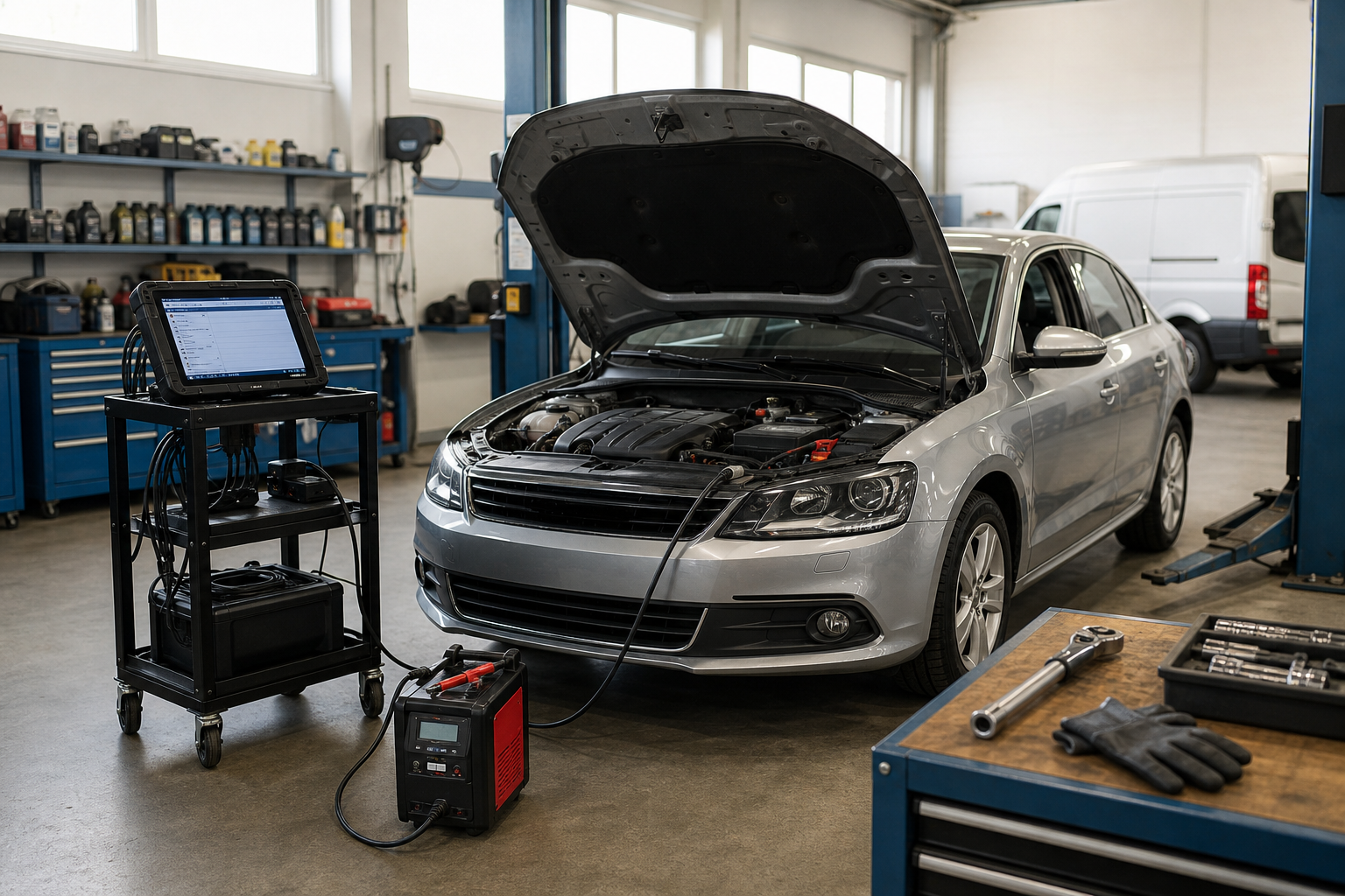 Silver car in a garage with its hood open, connected to diagnostic equipment.