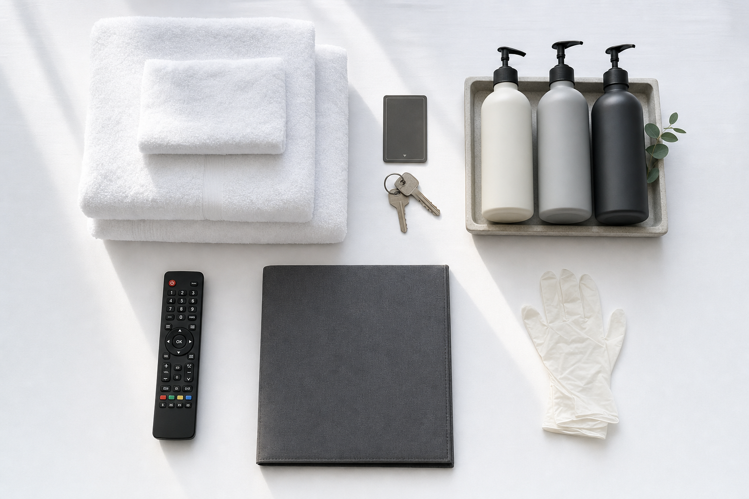 Neatly arranged items including towels, bottles, a remote, keys, a notebook, and a glove on a white surface.