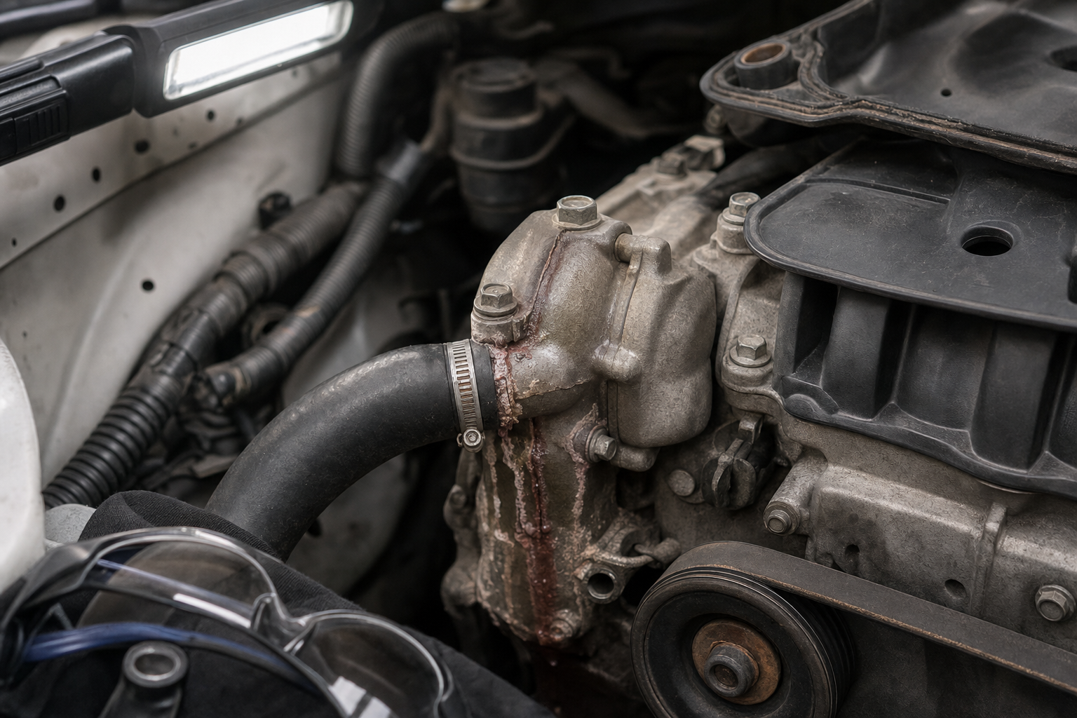 Car engine close-up showing a leaking hose under a bright light.