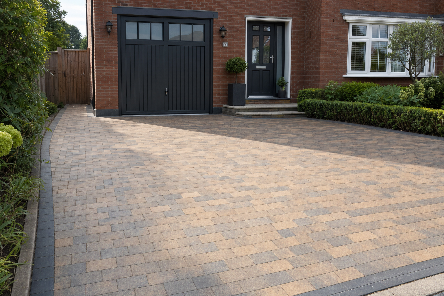 A clean block-paved driveway leads to a dark grey garage and front door of a red-brick house, surrounded by greenery.