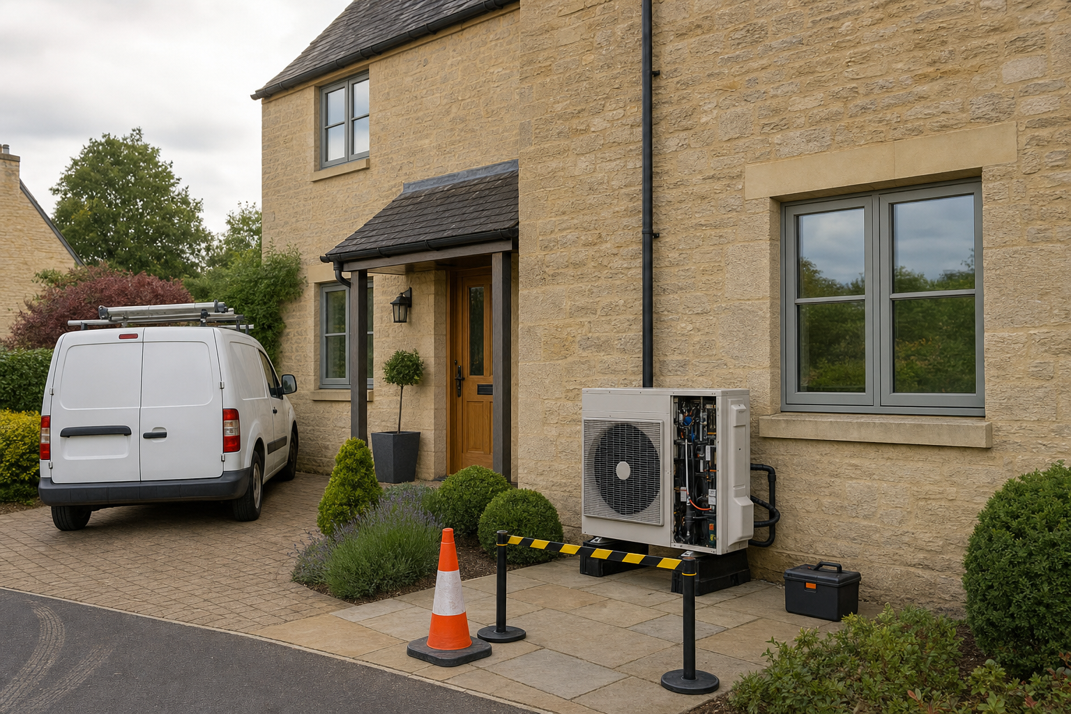 A white van is parked beside a house with a heat pump unit and a traffic cone on the driveway.